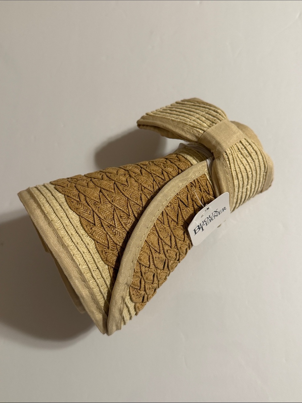 Bijoux Terner Travel Rolled Sun Straw Visor Hat in Tan and Cream in Roll Up Pack